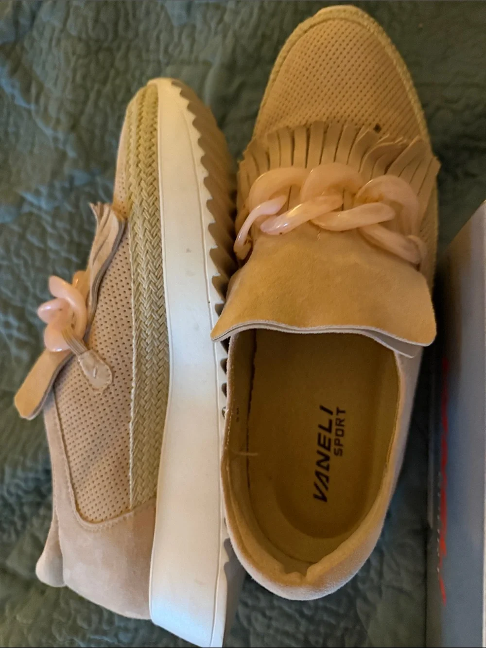 Vaneli Pink Beige Fringe Slip-On Sneakers with Decorative Chain
